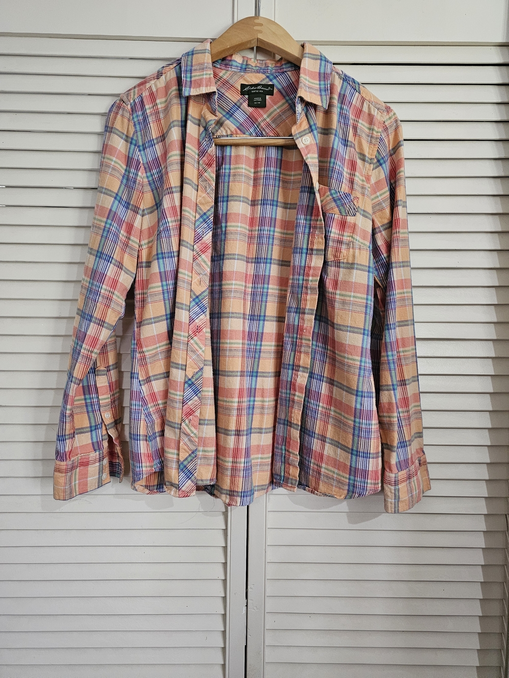 Eddie Bauer Peach, Blue and Pink Plaid Button-Down Shirt